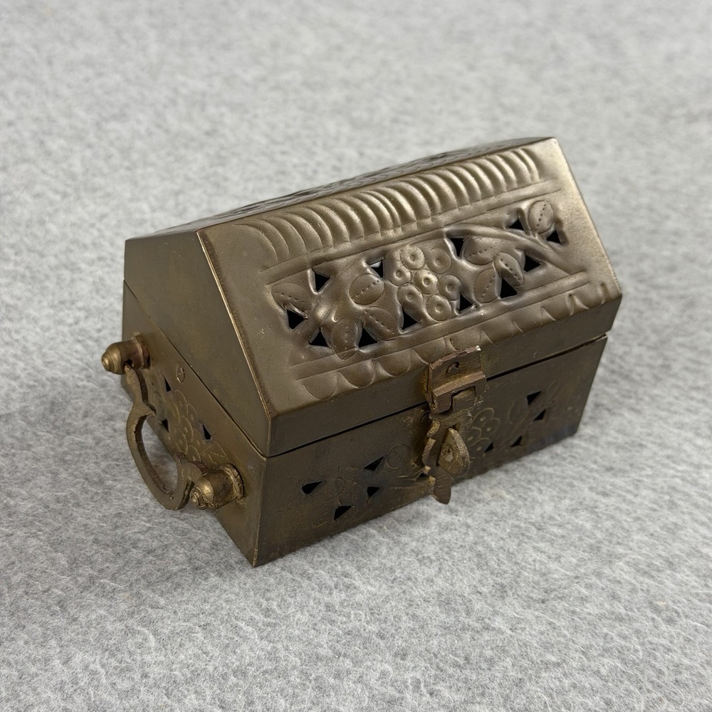 Vintage Indian Brass Pierced Trinket Box Grape Motif Jewelry Keepsake Chest